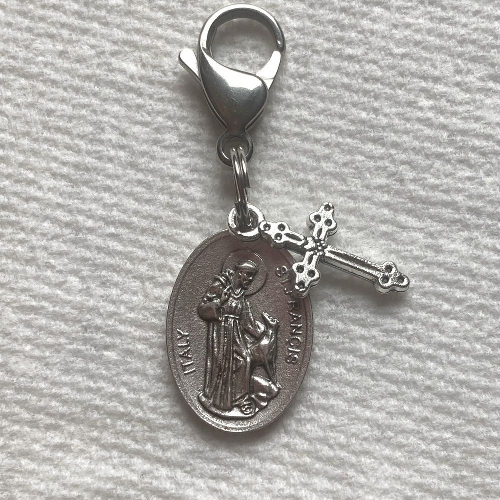 St. Francis medal with cross charm, clip on